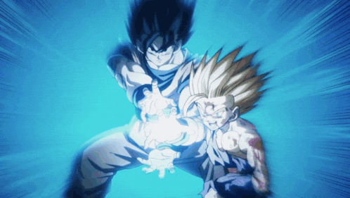 a cartoon of goku and son gohan fighting with a blue background