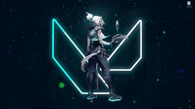 a computer screen shows a video game character standing in front of a glowing logo .