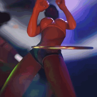 a pixelated image of a woman in a bikini dancing with a hula hoop