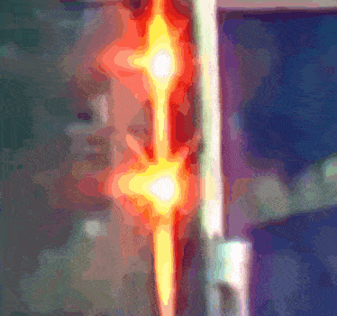 a painting of a red and yellow light with a blue background
