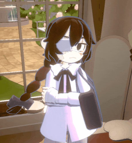 a girl with a bandage on her eye is standing next to a window