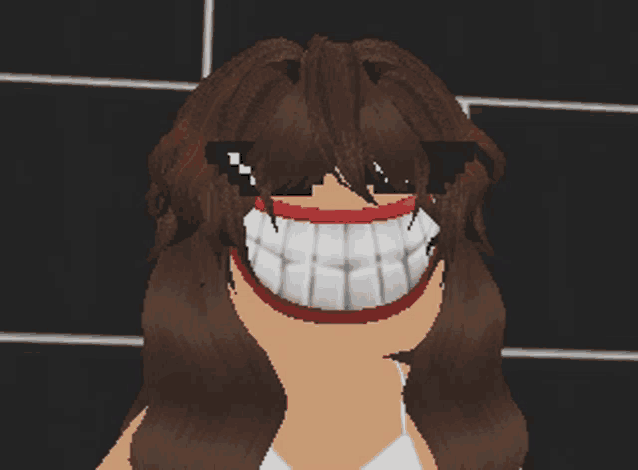 a girl wearing sunglasses and a mask with a big smile on her face