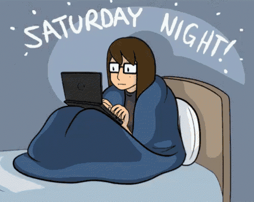 a cartoon of a woman wrapped in a blanket using a laptop with the words saturday night written above her