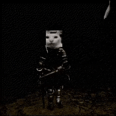 a knight with a cat on his face is holding a sword .