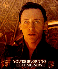 a close up of a man with the words you 're sworn to obey me now on the bottom