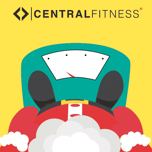 an advertisement for central fitness shows a santa on a scale with smoke coming out of his pants
