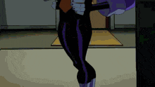 a cartoon character is standing in a room with a purple hat on .