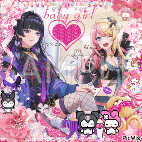 a picture of two anime girls with a pink heart and the words baby girl on the bottom