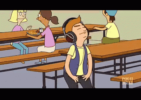 a cartoon of a boy wearing headphones in a school cafeteria with fox 41 news in the corner