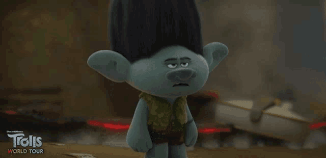 a troll from trolls world tour says ugh on the screen