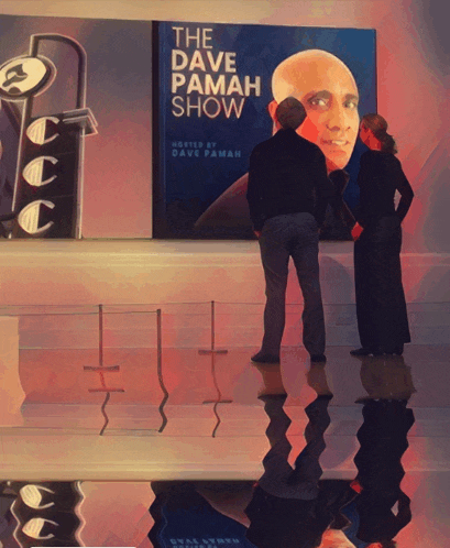 two people standing in front of a poster that says the dave pamah show
