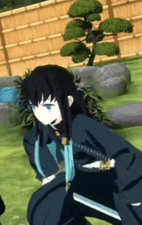 a cartoon character is kneeling down with a sword in his hand in a garden .
