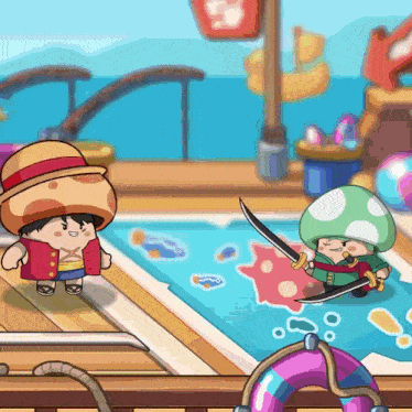 a cartoon character with a sword and a mushroom head