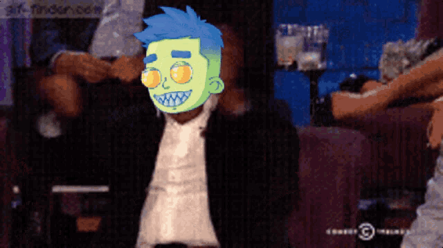 a cartoon of a man with blue hair and a green mask on his face