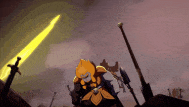 a cartoon character is holding a sword in his right hand