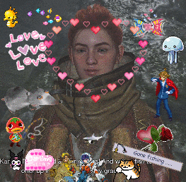 a picture of a woman with hearts around her head and the words love love love