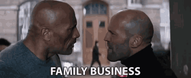 two bald men are looking at each other with the words family business written below them