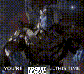 an advertisement for rocket league shows a robot in a dark room