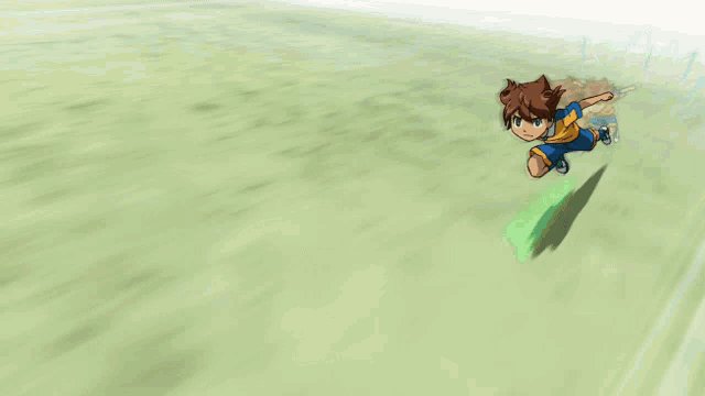a cartoon character with brown hair and blue and yellow shorts is flying through the air