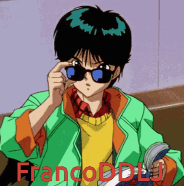 a boy wearing sunglasses and a green jacket with francoddlj written on the bottom