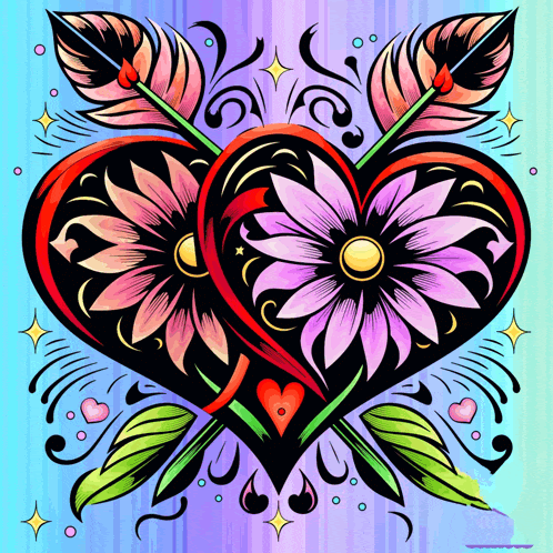a drawing of a heart with flowers and arrows coming out of it