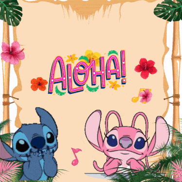 a picture of stitch and angel with the word aloha in the background