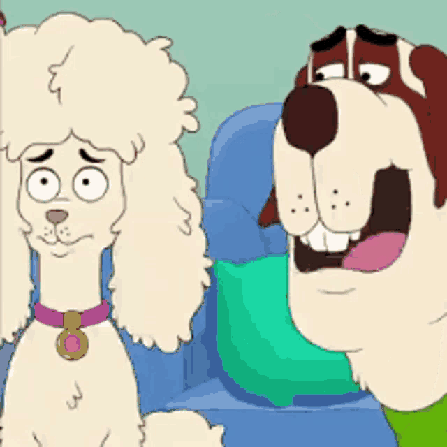 a cartoon of a poodle and a brown dog