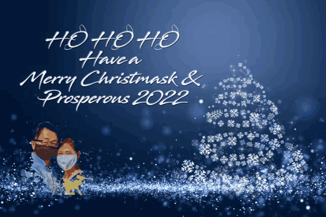 a christmas card with a man and woman wearing face masks