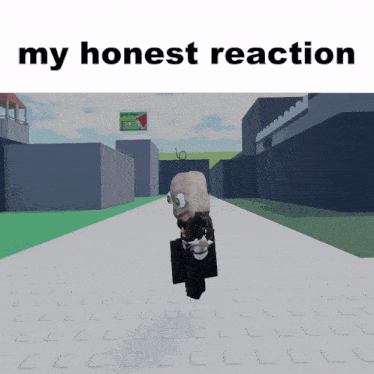 a cartoon character is walking down a street with the words " my honest reaction " above it