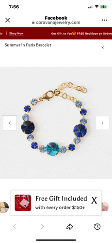 a screenshot of a facebook page showing a bracelet with blue stones