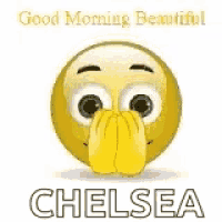 a yellow smiley face with a red heart in its mouth and the words `` good morning beautiful chelsea '' .