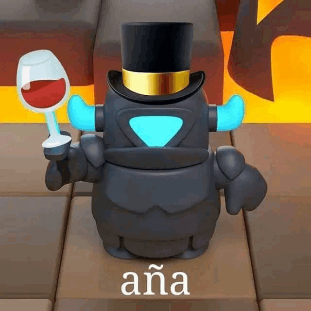 a toy robot wearing a top hat and holding a glass of wine .