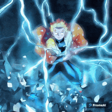 a painting of a man surrounded by lightning with the words promeal below him