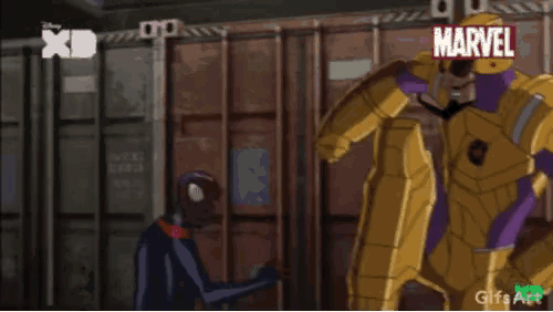 a cartoon of a man in a purple and gold suit with the word marvel on the bottom right