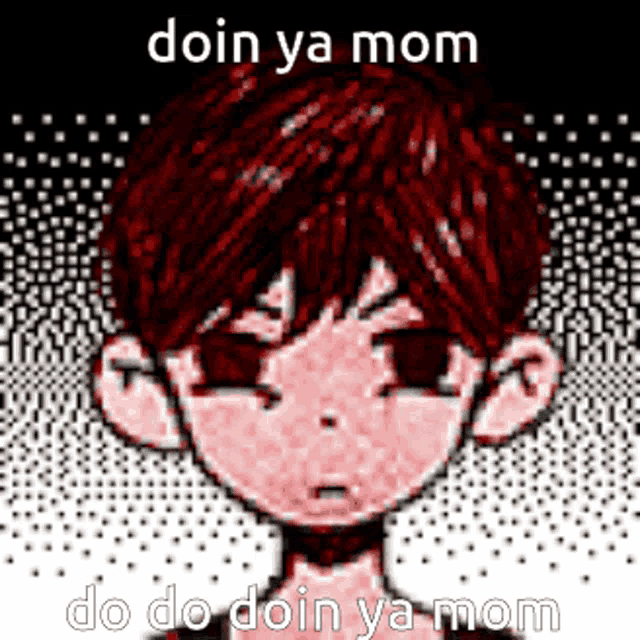 a pixel art of a boy with red hair and the words `` doin ya mom do do doin ya mom '' .