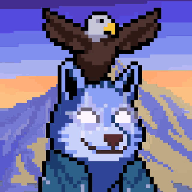 a pixel art of an eagle sitting on top of a wolf 's head