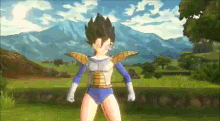 a cartoon character is standing in a field with mountains in the background