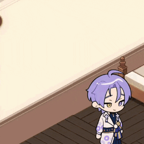 a cartoon character with purple hair is standing in a room with a ring around his neck .