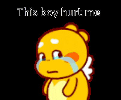 a yellow teddy bear is crying and holding a broken heart with the words this boy hurt me written above it