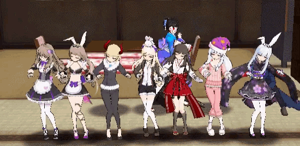 a group of anime characters are standing in a row
