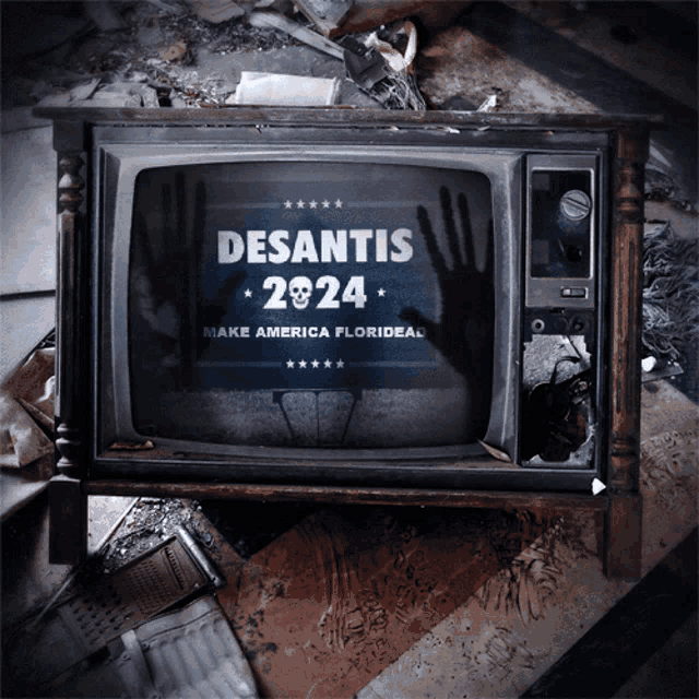 a television with the words desantis 2024 make america florideal on it