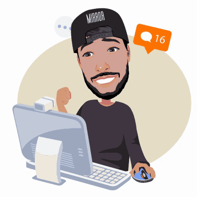 a cartoon of a man wearing a mirror hat sitting in front of a computer