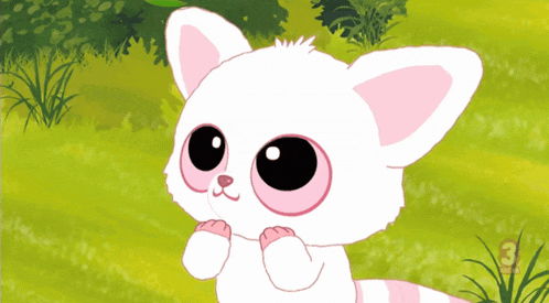 a cartoon drawing of a white cat with big pink eyes and the number 3 on the bottom right
