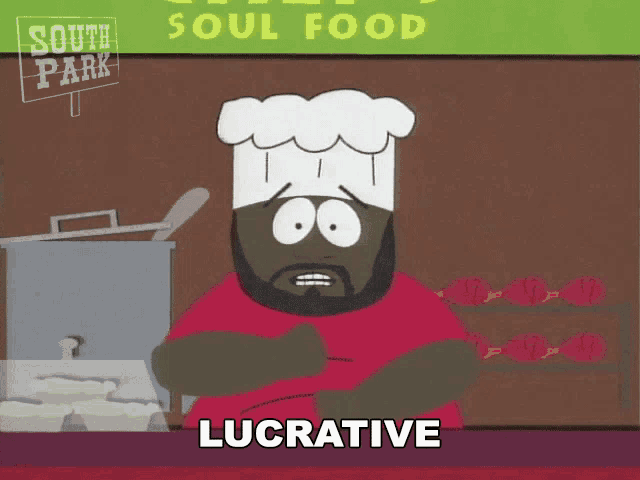a cartoon character with a chef 's hat and a sign that says south park soul food