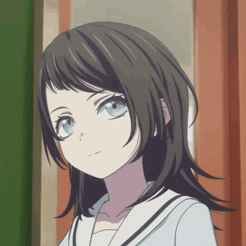 a girl with long black hair and blue eyes is wearing a school uniform and looking at the camera .