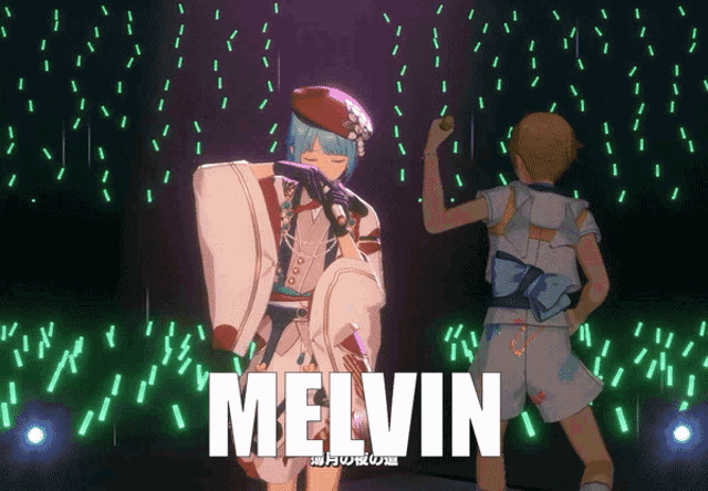 two anime characters are on a stage and the word melvin is on the bottom right
