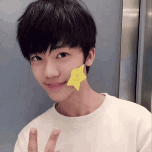 a young man with a yellow star on his face giving a peace sign .