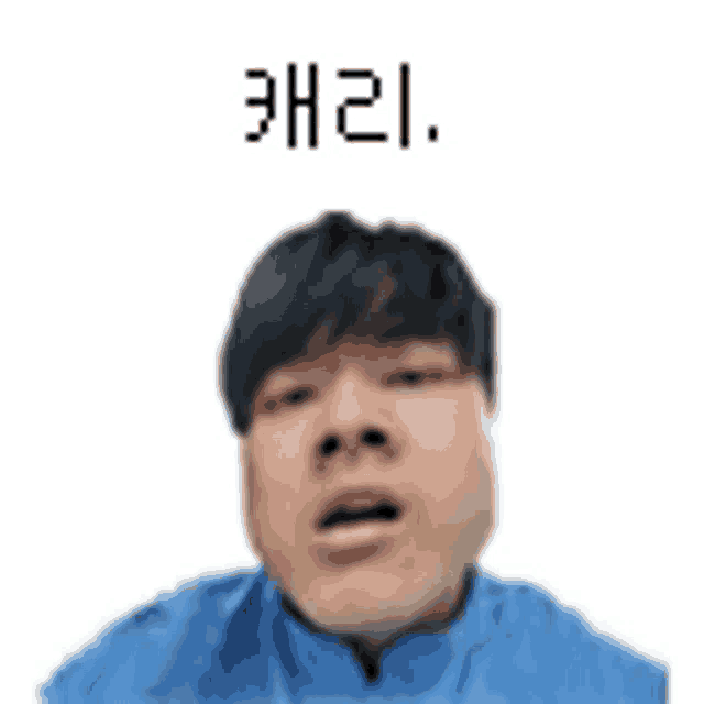 a man in a blue shirt is making a funny face and has the number 12 on his forehead .