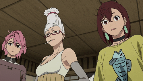 three anime girls are standing next to each other and one of them has a fish on her shirt