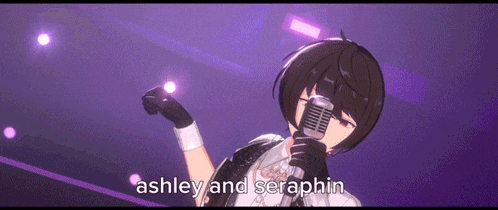 a girl singing into a microphone with the words " ashley and seraphin " above her